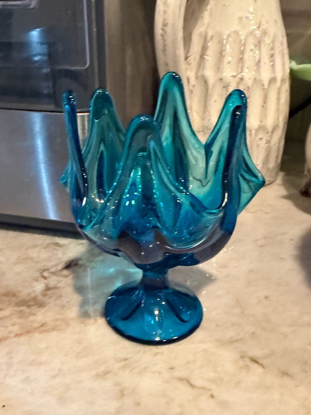Vintage MCM Viking Bluenique handkerchief glass candy dish 5-1/4”